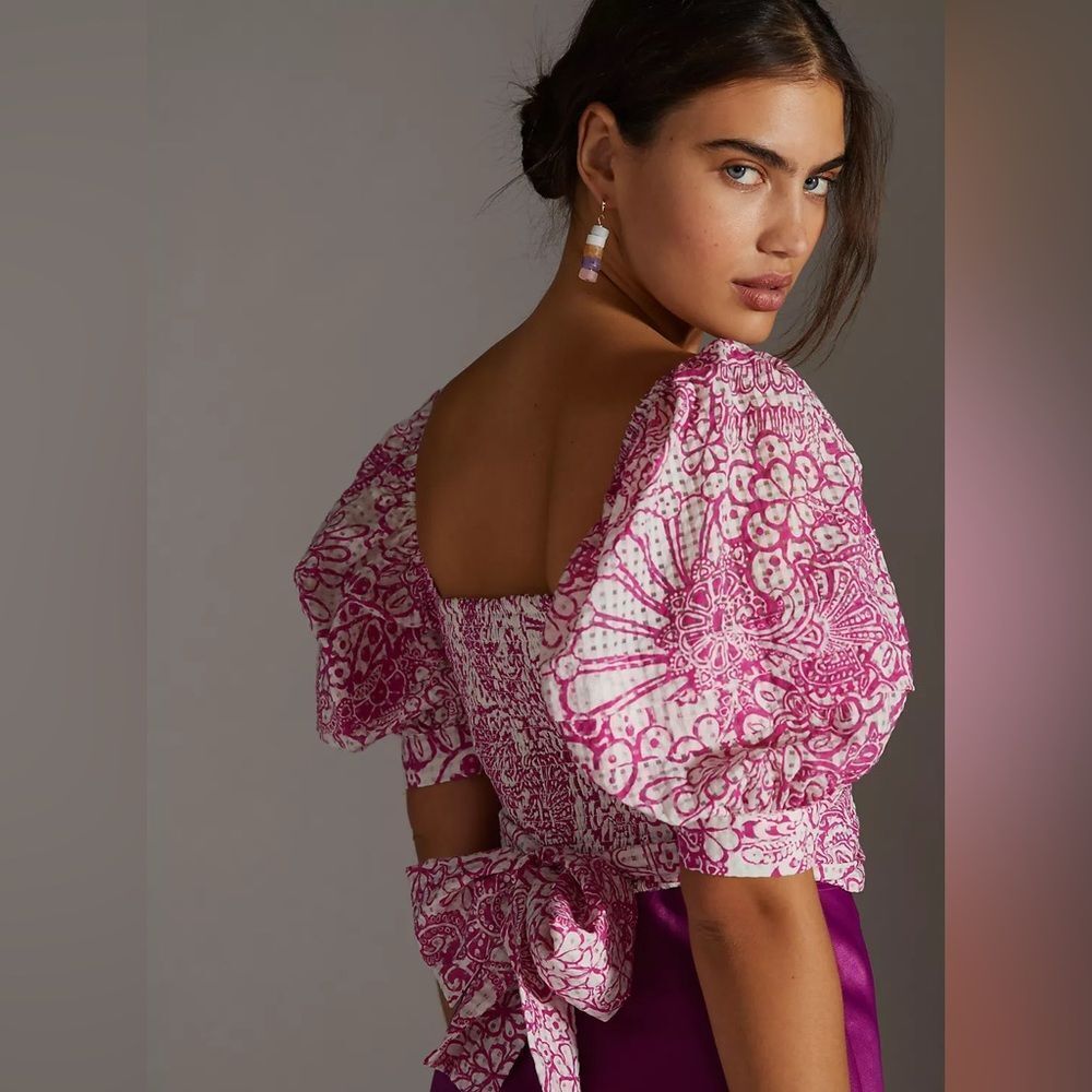 Anthropologie Pink & White Printed Puff-Sleeve Cropped Top - Picture 3 of 10